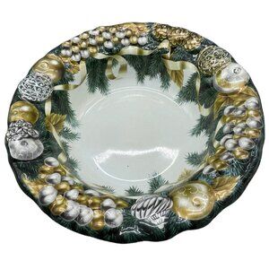 Christmas cookie bowl plastic silver gold ribbon dish center piece bulbs pine co